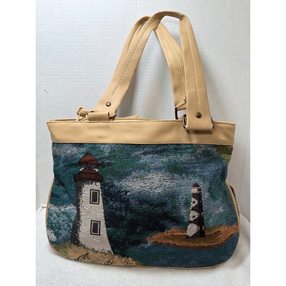 NIP VTG‎ Tapestry Shoulder Bag Women Large Blue Lighthouse Nautical Tote